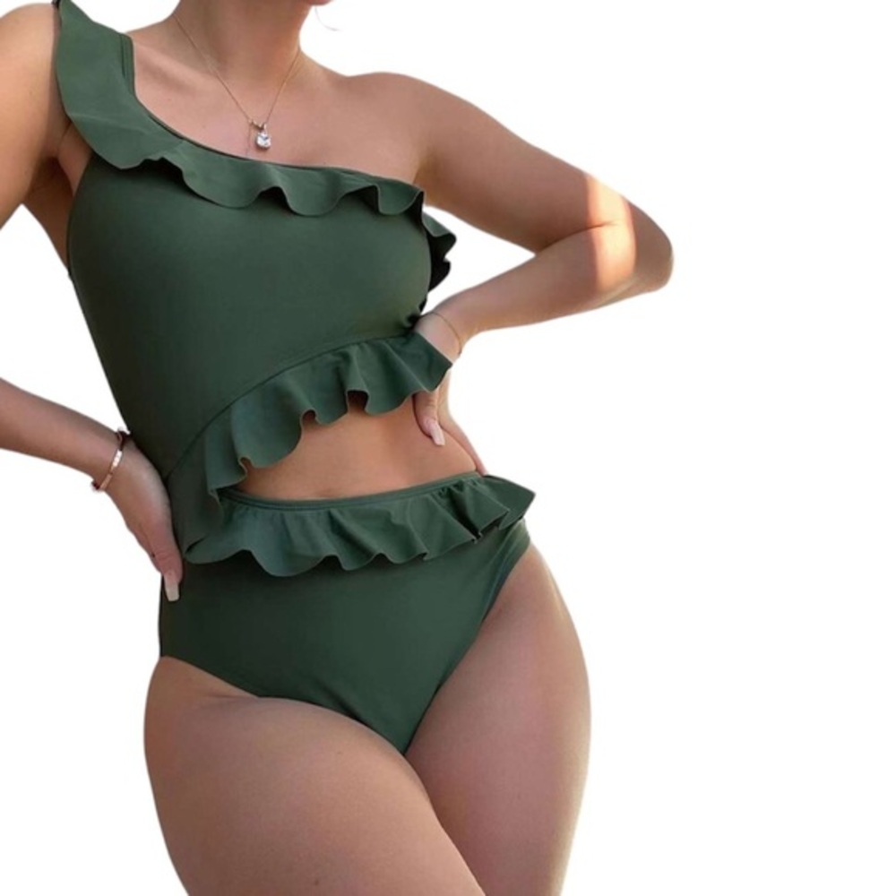 Live Life On The Beach Cutout One Shoulder Ruffle  One Piece Green Swimsuit M